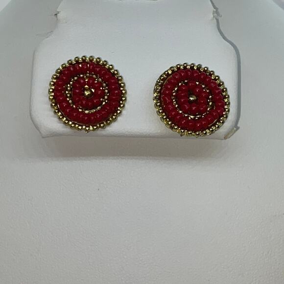 Gold-Tone Burgundy Red Beaded Stud Earrings - Picture 1 of 6